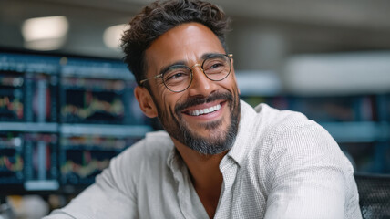 Stock market trader smiling