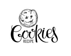 Cookies Recipe lettering with hand drawn Cookie sketch isolated on white. Typography poster for kitchen art, menu, shop, cafe, recipe books, Baking cookbook. Hand written brush calligraphy quote