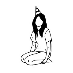 faceless woman in party hat sitting