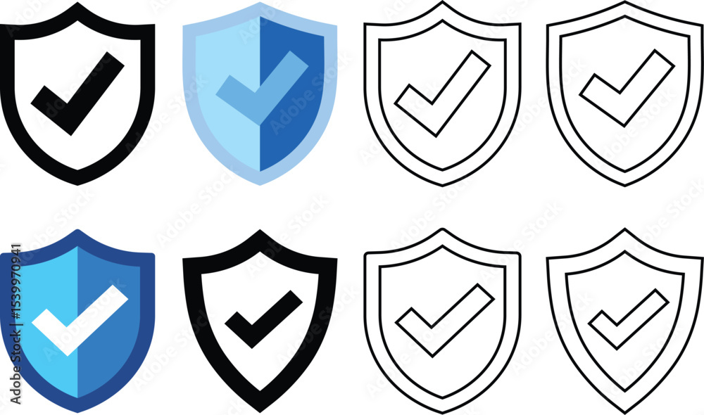 Poster various shield icons displaying a checkmark symbol representing security and assurance