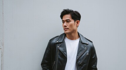 Fototapeta premium Young man in a leather jacket poses confidently against a textured gray wall in an urban setting during daytime
