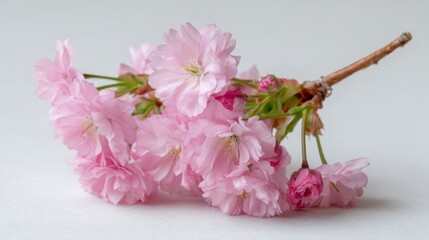 Naklejka premium Elegant topdown macro shot of delicate pink cherry blossoms with lush green stems on a white background, showcasing soft textures and fresh floral beauty with ample space for text
