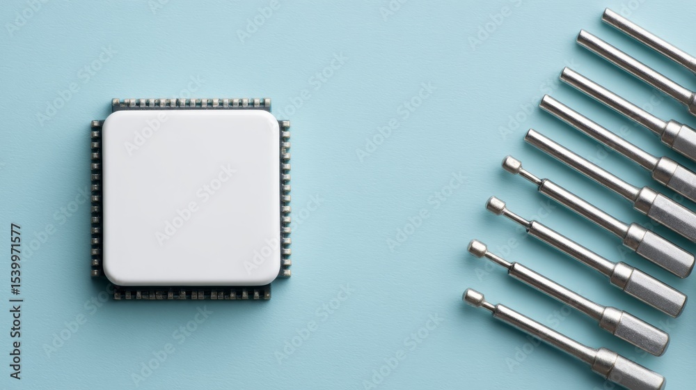 Poster Topdown macro view of a white microchip on a sleek circuit board with metallic pins, surrounded by precision screwdrivers, minimalistic background, modern technological feel, clean and organized comp