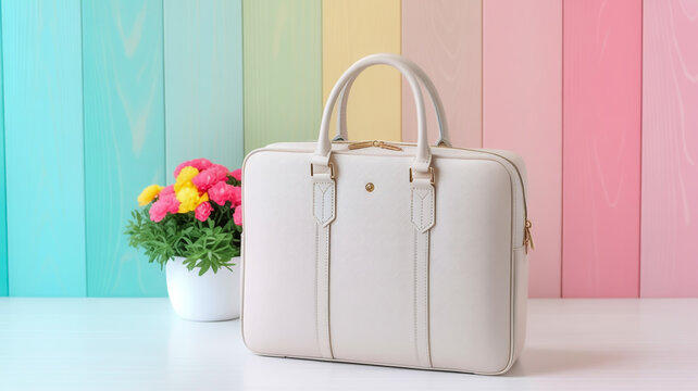 A minimalist product photography composition featuring a white leather laptop bag against a pastel gradient background.