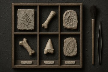 Labeled Fossil Set with Spiral Leaf Tooth and Bones in Display Tray with Excavation Tools

