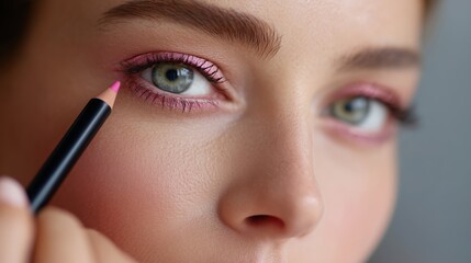 Close-up of a woman applying pink eyeliner to her eye in a makeup studio during daytime