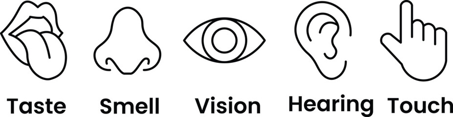 Human senses icon set. Vision eye, smell nose, hearing ear, touch hand, taste mouth with tongue. Simple line icons and black circle. Five senses of human nervous system. Vector illustration.	