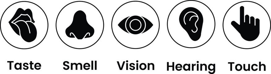 Human senses icon set. Vision eye, smell nose, hearing ear, touch hand, taste mouth with tongue. Simple line icons and black circle. Five senses of human nervous system. Vector illustration.	