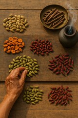 Spices Arranged on Wooden Table with Cardamom Picked by Hand beside Incense Vessel

