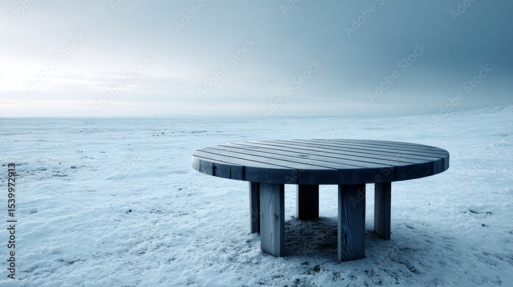 Poster Frosty wooden table dusted with fresh snow under a chilly winter sky, topdown view emphasizing serenity and coldseason tranquility with ample copy space on the left