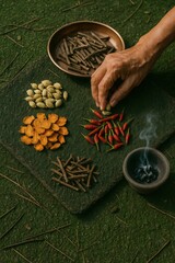 Spice Assortment with Red Chilies and Hand Selection on Green Mat beside Smoke Pot

