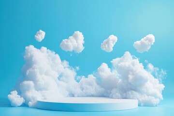 Pastel blue backdrop with fluffy clouds and a white pedestal