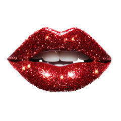 Fototapeta premium Red glittery lips open on transparent background.