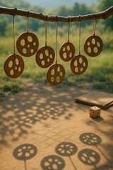 Hanging Bark Discs Casting Shadow Circles on Sand with Dice and Folded Mat Nearby


