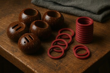 Coconut Shell Halves and Red Circular Rings Arranged on Wooden Craft Table


