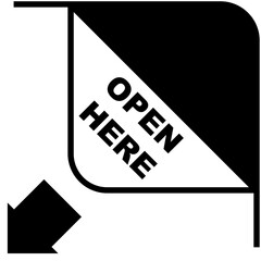 Package corner peel graphic symbol, revealing underlying surface with arrow pointing to peeling direction. Open here package icon with text.