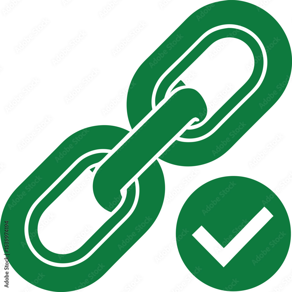 Poster green link and checkmark symbol illustrating connection and validation in design