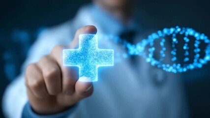 Doctor analyzing digital DNA icons for healthcare research advancements. - Powered by Adobe