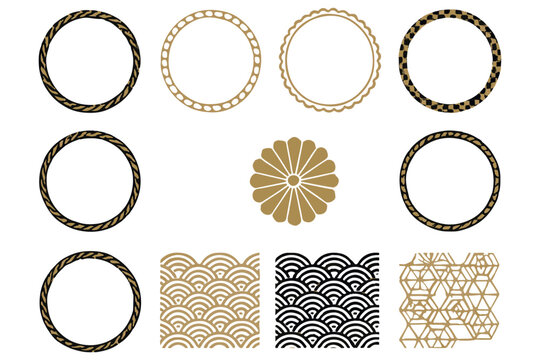 Modern Japanese design with gold and black circular patterns, waves, and geometric shapes, blending tradition and contemporary elegance
