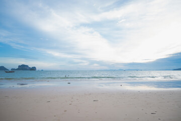 landscape view of beautiful tropical sand beach and sea in sunny day. Beach sea space area, soft focus