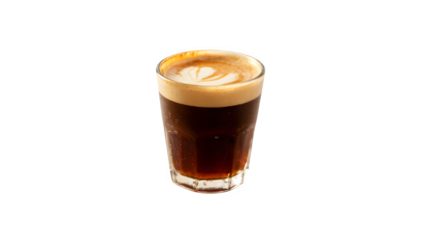 A coffee drink in a glass set on a white isolated background. It's been toned and has a selective focus.