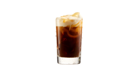A glass of coffee on a plain white background. Toned and with a selective focus.
