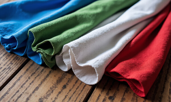 Close-up of Folded Cloth Napkins in Flag Colors on Wood