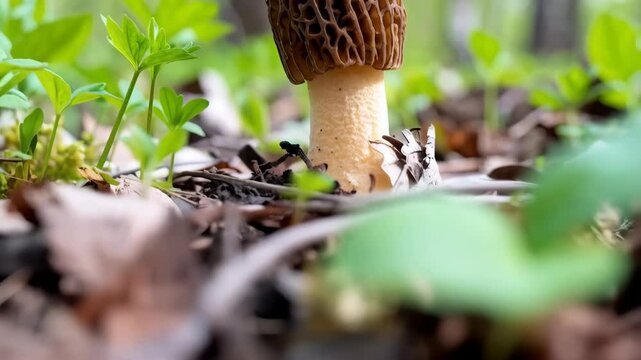 Close-up of wild morel mushroom growing amidst forest floor leaves and green foliage on a blurred natural background