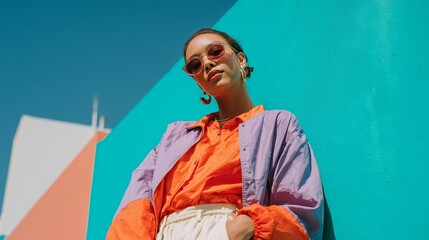 Trendy woman poses confidently against vibrant urban backdrop in sunny setting