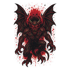 Vector illustration of a terrifying demon with wings, horns, and claws, in black and red grunge style with blood splatters. Dark fantasy horror creature on white background. Isolated design.