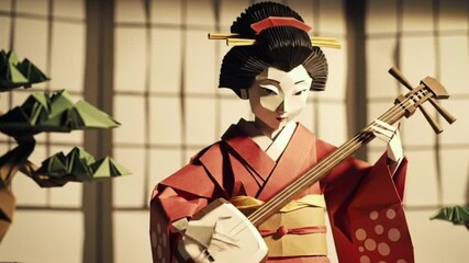 Origami Geisha Girl Playing Shamisen in Japanese Scenery
