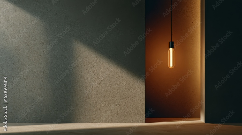 Poster Minimalist black void studio with suspended warm light bulb casting sharp shadows on seamless background, emphasizing modern aesthetics and stark contrast with empty space