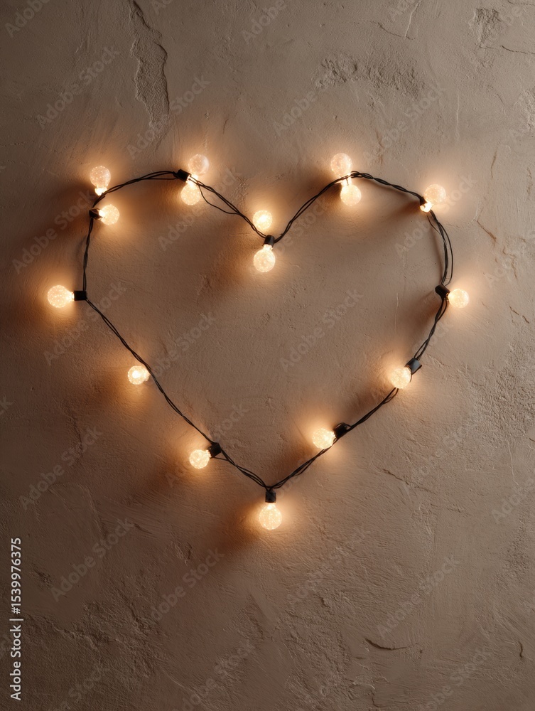 Poster Warm String Lights Form a Heart Shape Against a Textured Neutral Wall, Creating a Cozy and Inviting Atmosphere at Night