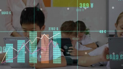 Students tapping tablets in classroom, generating finance charts and line graphs gaining confidence - Powered by Adobe