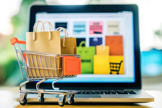 Miniature shopping cart with brown paper bags on a laptop, online shopping concept
