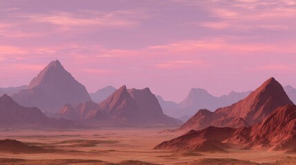 Naklejka premium Surreal mountain landscape with rugged red peaks under a violet sky and expansive desert floor with copy space