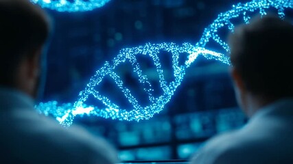 Researchers examining illuminated DNA models in a biotechnology laboratory setting. - Powered by Adobe