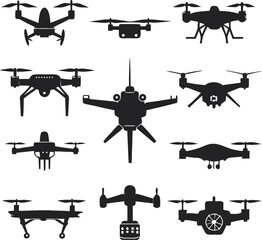 This collection of black and white images displays various illustrations of drones, some with multiple propellers and cameras, in different flight positions.