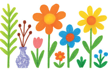 vibrant flower garden with a variety of colorful blooms, including orange, yellow, and blue flowers, in a child like drawing style