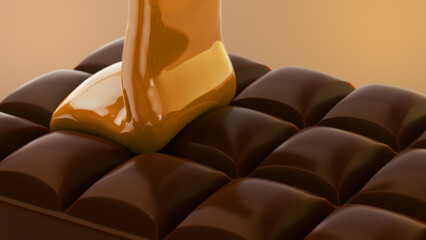 Golden Caramel Falling Over Chocolate Bar in Slow Motion