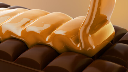 Golden Caramel Falling Over Chocolate Bar in Slow Motion