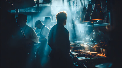 Chefs working in a busy kitchen with dramatic lighting