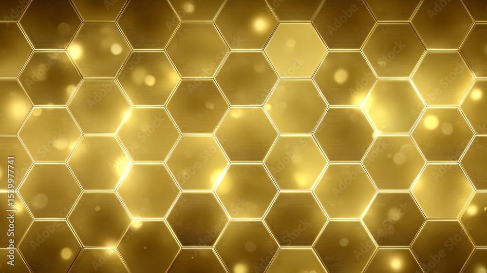 Poster Modern scientific backdrop featuring glowing honeycomb hexagonal cells with a luminous golden hue and abstract bokeh effects, perfect for product branding and futuristic design concepts