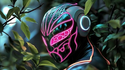 Neon Futuristic Helmet in Nature
