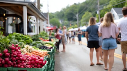 Lively outdoor farmers market showcasing colorful fresh vegetables and herbs with happy shoppers on a sunny day