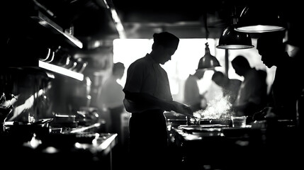 Chef cooking in a busy restaurant kitchen with steam rising