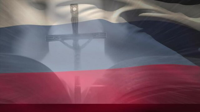 Wind gusts lifting Russian tricolor flag unfurling, billowing, revealing crucifix in thin folds