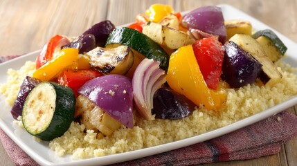 Colorful grilled vegetable and couscous platter on rustic wooden table with vibrant sunlight creating a warm, inviting atmosphere and fresh wholesome appeal