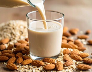 Almond milk being poured into a glass
