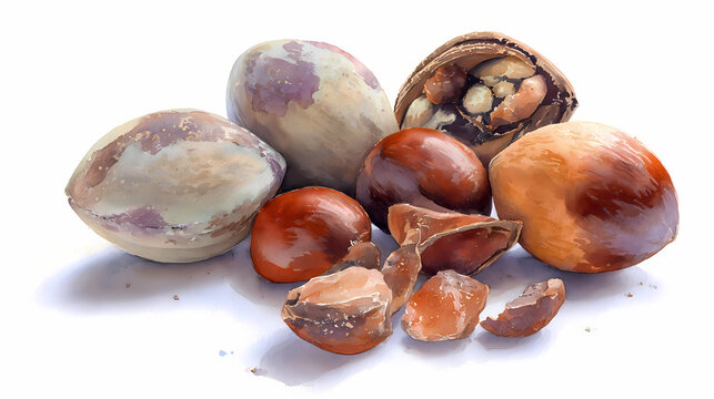 Watercolor Illustration of Mongongo Nuts &ndash; Whole and Shelled with Kernels on White Background
